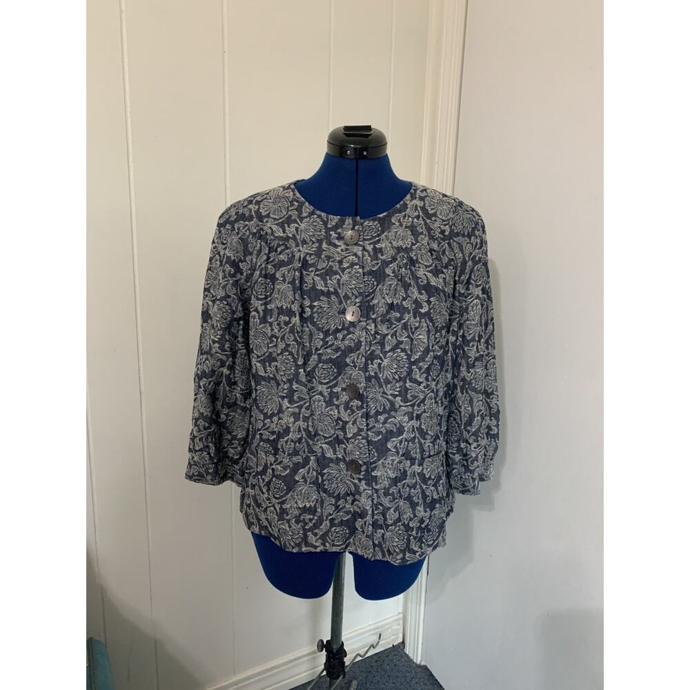Vintage J Jill Button UP 3/4 Sleeve Jacket Large Blue Floral Tapestry Feminine